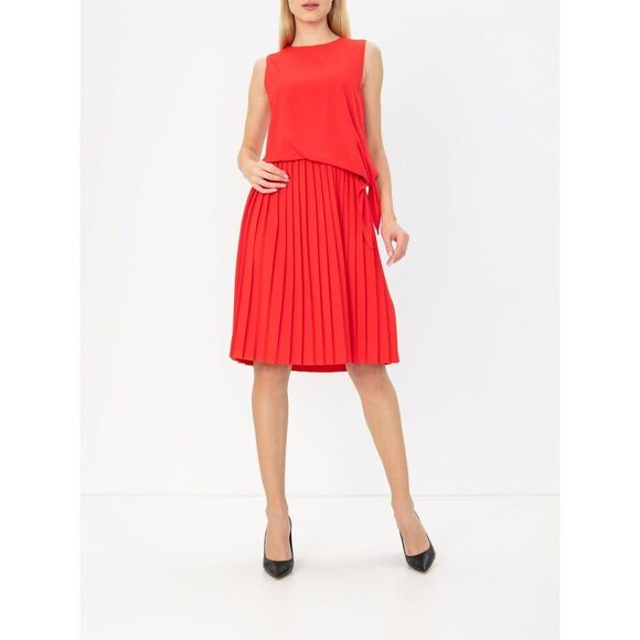 MARELLA Red Sleeveless Blouson Pleated Side Tie Button Back Midi Dress Size 8 - Picture 1 of 9